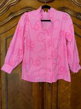 Women's Pink Ruffled Embroidered Button-Front Blouse